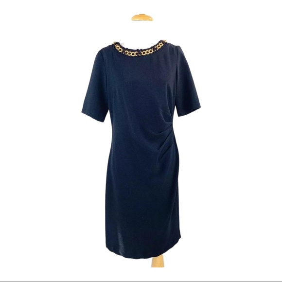 Chetta B Dresses & Skirts - CHETTA B Sheath Dress Ruched Waist Gold Chain Neckline Accent Vintage 90s Sz 10